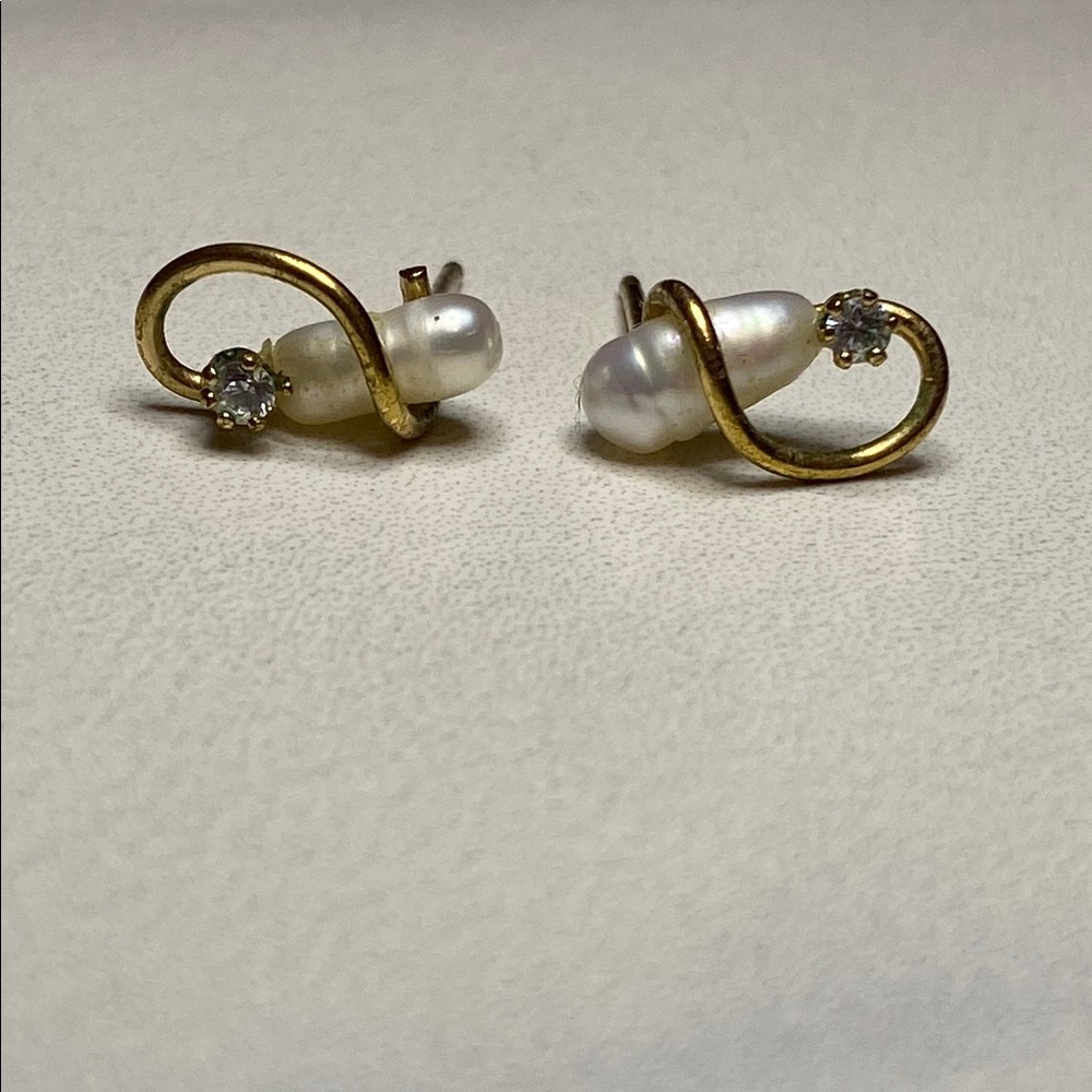 Yellow Gold Filled and Pearl & Diamond Stud Earrings